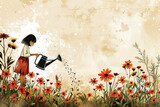 A little girl waters red flowers in the garden with a watering can. Copy space.