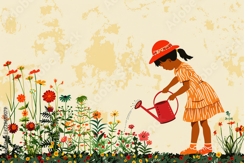 A little girl in yellow dress waters red flowers in the garden with a watering can. Copy space.