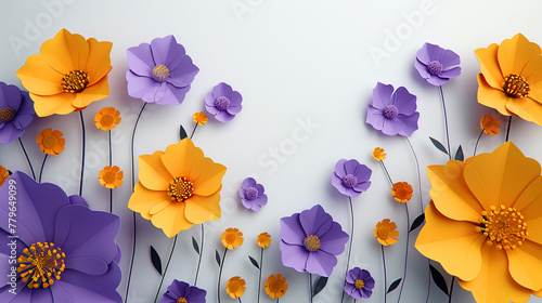 A field with blooming yellow and lilac tender anemones on a light background. Paper card flowers. Postcard design. Mothers Day. Copy space.