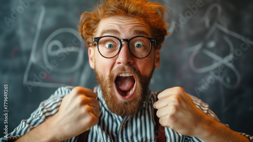 Man with glasses and a beard showing an ecstatic and surprised expression, clenching his fists in excitement. photo
