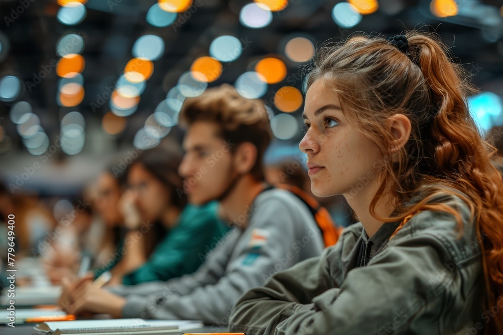 An attentive young woman with wavy hair in a lecture hall filled with students and writing materials