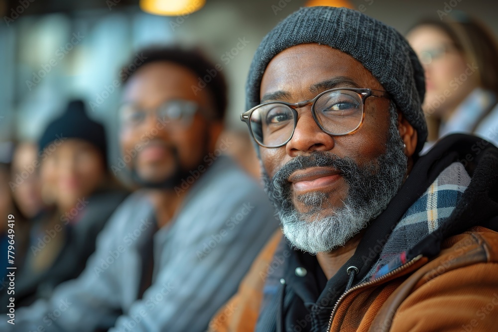 A distinguished middle-aged man with a beard and glasses looking forward in a crowd at an event A distinguished middle-aged man with a beard and glasses looking forward in a crowd at an event