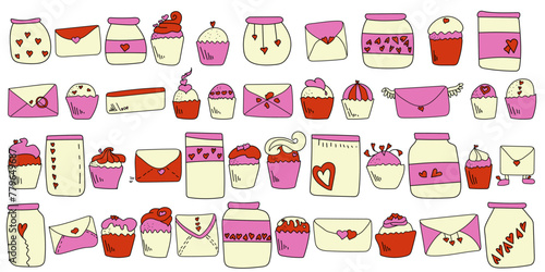 Heart set of doodle elements, various jars, letters and cupcakes about love and positivity for design
