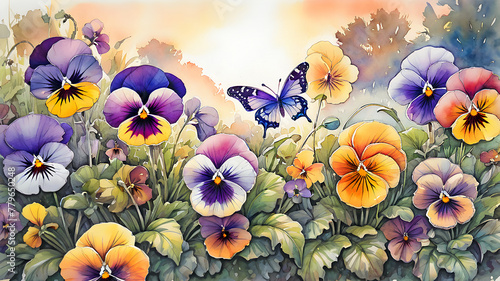 colorful pansy flowers in the garden and bright butterflies painted with wate...