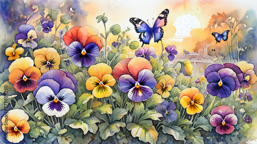 colorful pansy flowers in the garden and bright butterflies painted with wate...