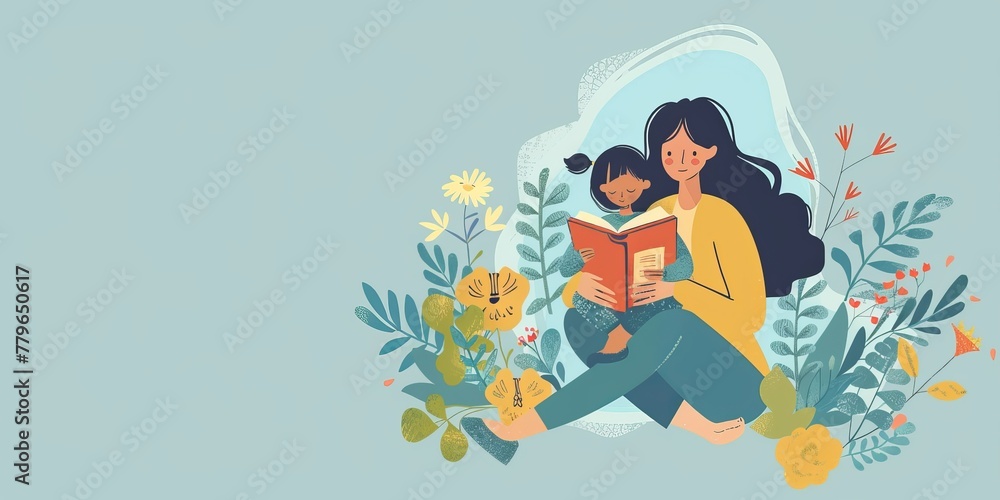 Fototapeta premium A woman and a child are sitting together and reading a book. Concept of warmth and bonding between the two, as they share a moment of learning