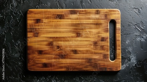 A wooden cutting board with a black background. The board is empty and has a natural wood grain