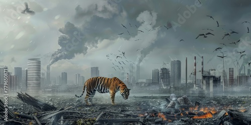 A tiger is walking through a city that is covered in smoke and ash. The sky is dark and gloomy, and the city is in ruins. The tiger is the only living creature in the scene photo