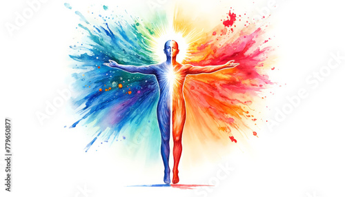 Abstract illustration of a human silhouette with a radiant chest against a vibrant, multicolored watercolor backdrop, symbolizing creativity and enlightenment photo