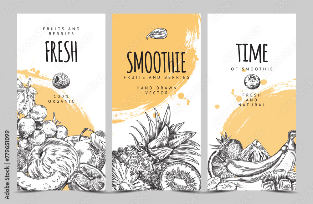 Tropical fruits and berries smoothie sketch on flyers vector design, organic natural food hand drawn on watercolor stain