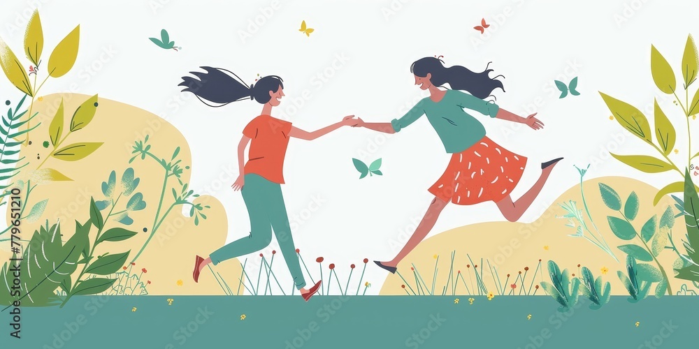 Two women are running in a field with butterflies flying around them. Scene is joyful and carefree Two women are running in a field with butterflies flying around them. Scene is joyful and carefree