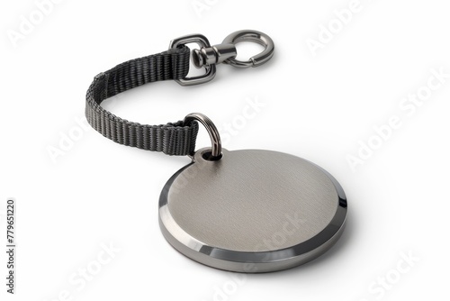 Silver round pet tag on gray collar on white background mockup photo
