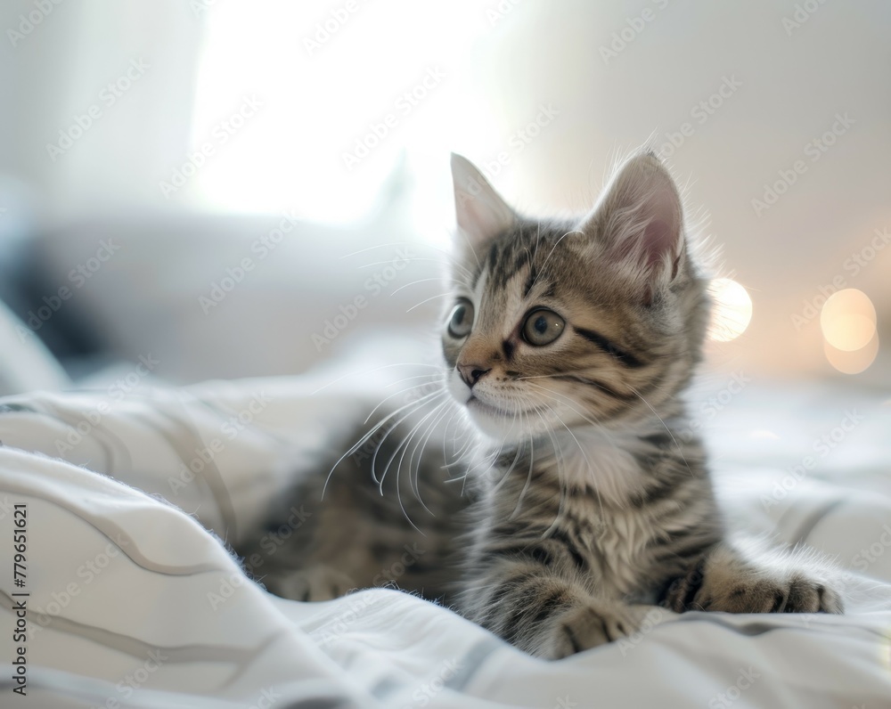Small kitten playing in bed