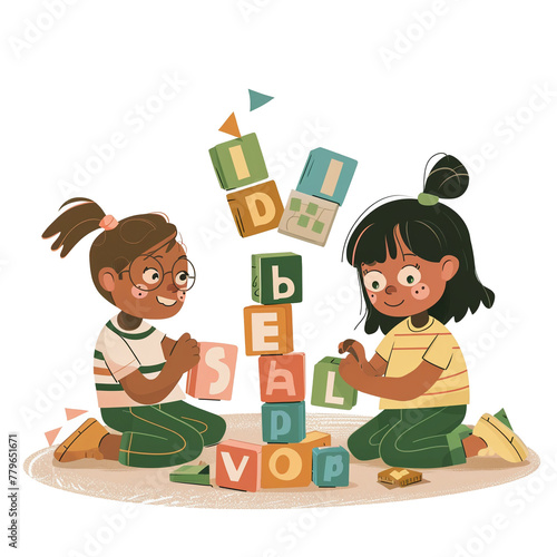 children playing Language and literacy toys (including alphabet blocks storytelling puppets