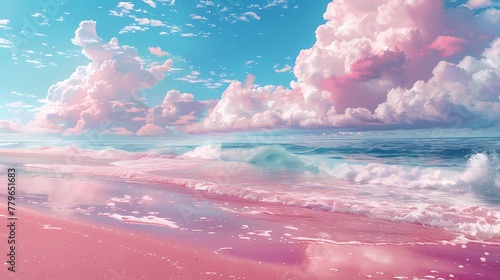 Digital pink beach sea illustration poster background © jinzhen