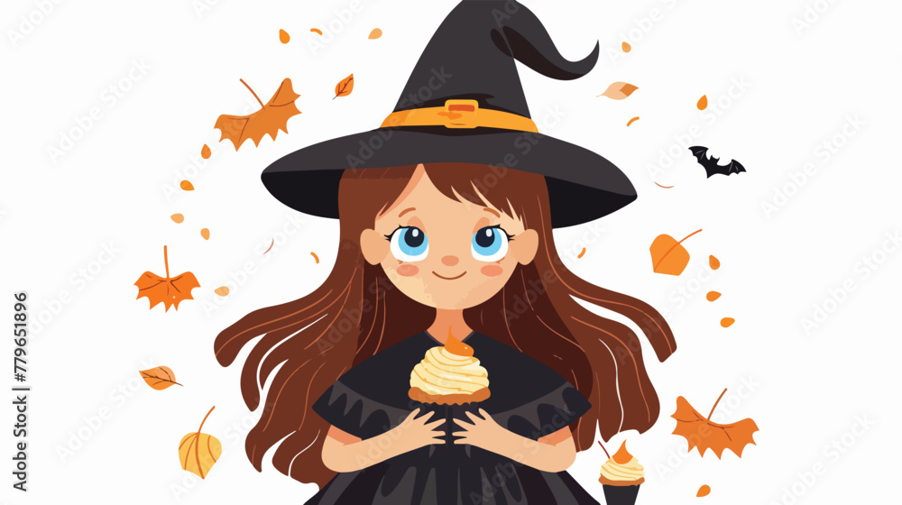 Halloween vector illustration of young witch with long