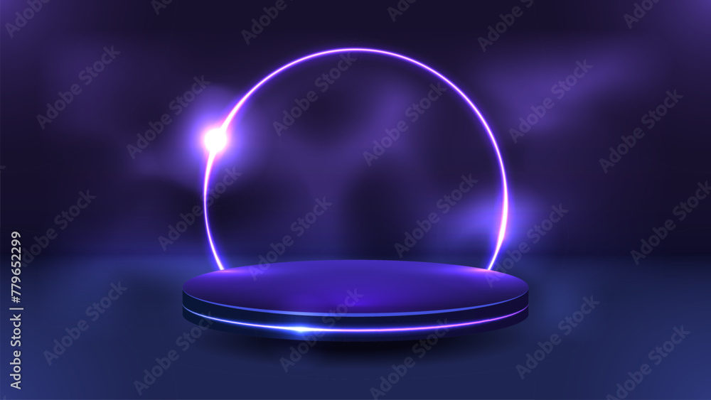A dark podium for product advertising with a neon circle on the background A dark podium for product advertising with a neon circle on the background