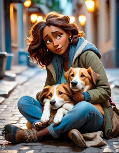 An animated depiction of a young woman crouching in a city alleyway, giving a warm embrace to two adorable corgi dogs, evoking friendship and care.. AI Generation © Anastasiia