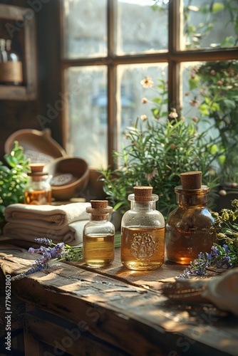 An artistic composition of essential oils and herbal treatments in a tranquil wellness retreat setting ,hyper-realistic photography
