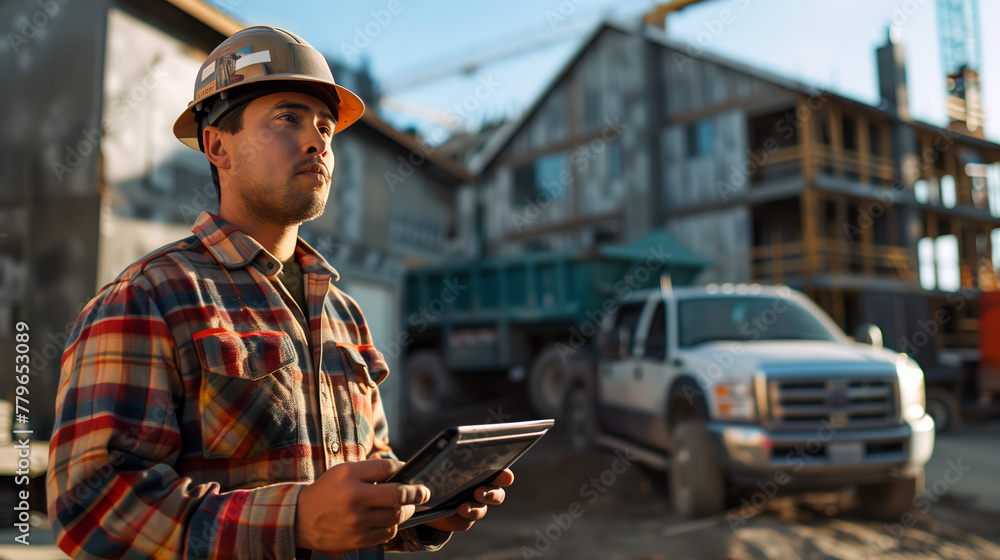 Young Builder Reviewing Construction Plans on Tablet, Residential Project Site Young Builder Reviewing Construction Plans on Tablet, Residential Project Site