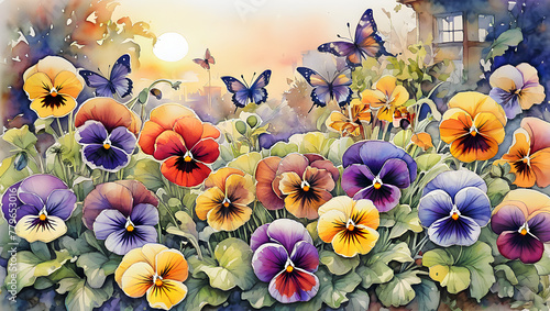 colorful pansy flowers in the garden and bright butterflies painted with wate...