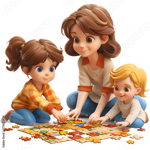 A 3D animated cartoon render of mother and children enjoying puzzle time together.