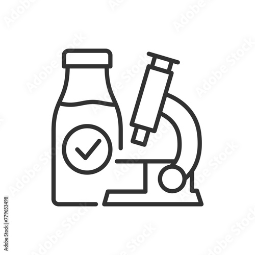 Milk quality control, linear icon. Milk inspection. Microscope and bottle. Line with editable stroke