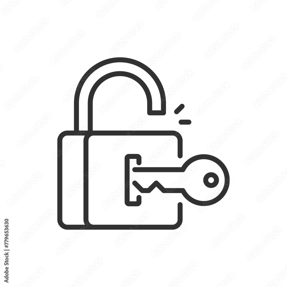 The key opens the lock, linear icon. Access is open. Line with editable stroke The key opens the lock, linear icon. Access is open. Line with editable stroke