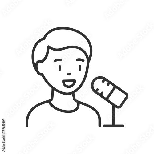 A man speaking into a microphone, linear icon. Interview, Podcast. Line with editable stroke