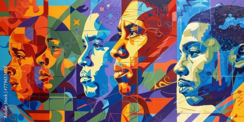 A painting of four men with different colored faces. The painting is a collage of different colors and shapes. The mood of the painting is vibrant and energetic