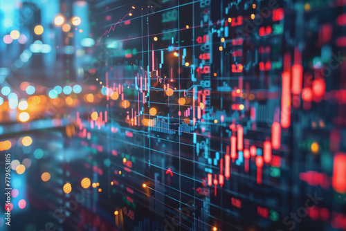 Stock market chart lines and financial graphs on technology abstract background..