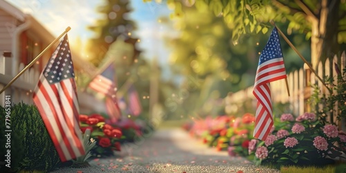 A row of American flags are displayed in a garden. The flags are red, white, and blue, and they are arranged in a row. The garden is filled with red flowers, creating a patriotic photo