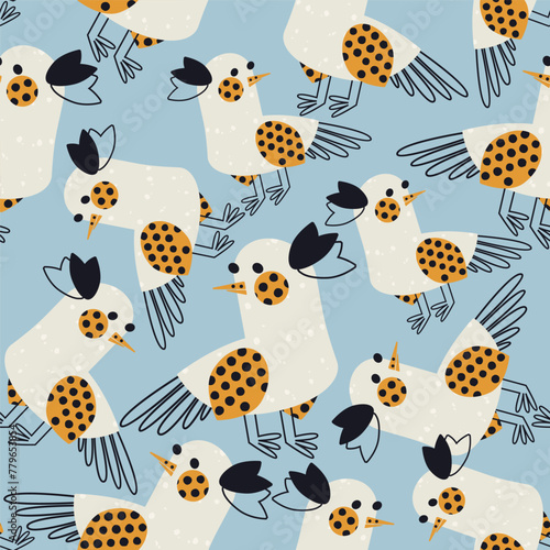 Seamless pattern with exotic tropical birds in simple style. Vector graphics, design, background, print