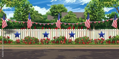 A white picket fence with American flags hanging from it photo