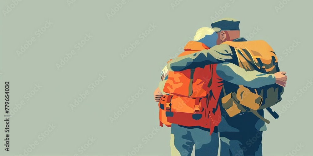 Two men hug each other while carrying backpacks. The scene is a representation of the bond between soldiers and their comrades - obrazy, fototapety, plakaty 