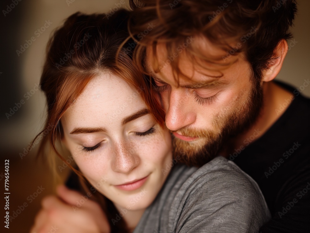 A man and a woman are hugging each other. The woman has red hair and the man has a beard. Scene is loving and affectionate A man and a woman are hugging each other. The woman has red hair and the man has a beard. Scene is loving and affectionate