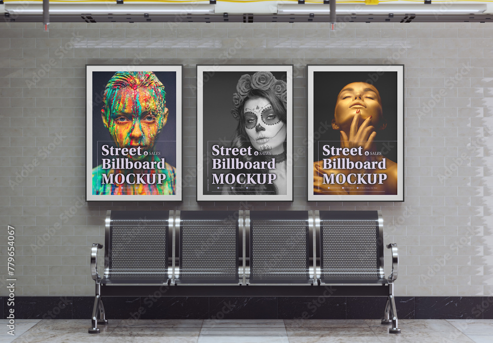 Subway Scene with 3 Advertisement Posters Mockup Stock Template | Adobe ...