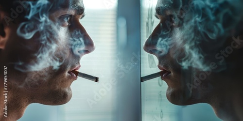 A man is smoking a cigarette and the smoke is reflected in a mirror. Concept of duality, as the man's reflection shows him smoking while the actual image shows the smoke