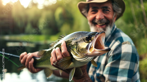 Close-up of a smiling angler holding a caught perch in his hands photo
