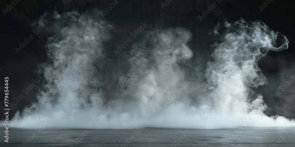 A black background with smoke and steam rising from the ground. Scene is mysterious and ominous