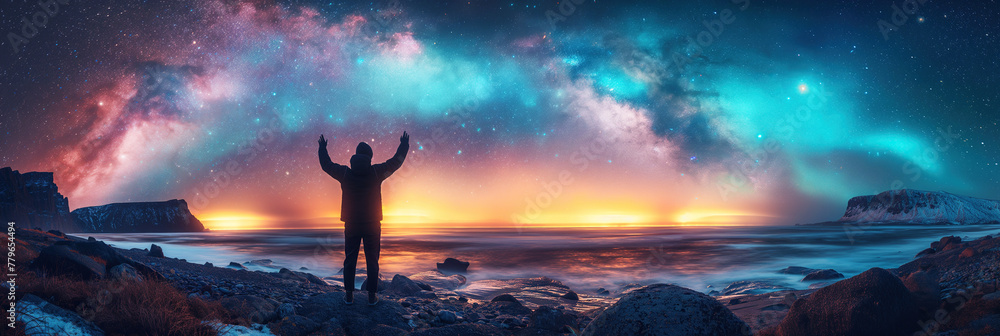 happy man standing on shore of sea on a background of a starry night blue sky with bright colorful Milky Way and stars