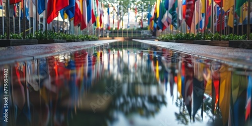 A row of flags are reflected in a body of water. The flags are of many different colors and sizes photo