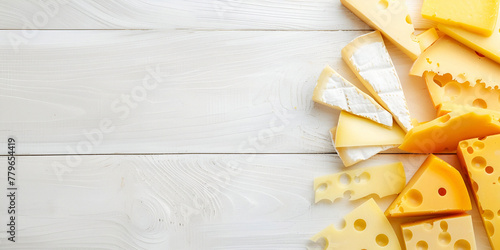 Different varieties of cheese on a white wooden background with space to copy.