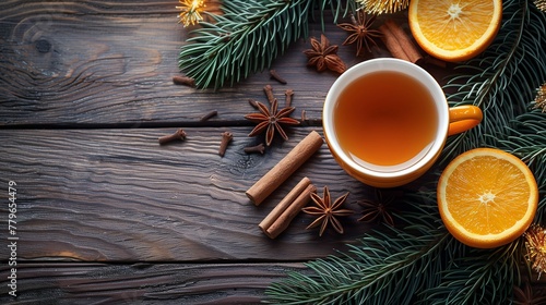 cup of Christmas  winter drink with spices on the wooden table with cinnamon stick  anise  oranges  spruce branches. 