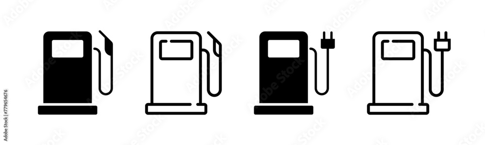 Gas pump and electric charge station vector icons. Gasoline station symbol. Fuel, oil, pump, tank, diesel signs. Nozzle silhouette. Car and automobile refuel service illustration isolated. Gas pump and electric charge station vector icons. Gasoline station symbol. Fuel, oil, pump, tank, diesel signs. Nozzle silhouette. Car and automobile refuel service illustration isolated.