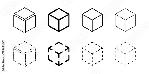 Isometric abstract cube vector icon set. Geometric block, box or brick logo. Dotted, dashed, outline, solid isolated illustrations. Wireframe 3d sign. Square three-dimensional frame.