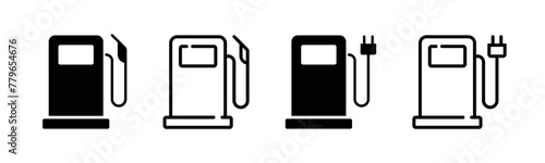 Gas pump and electric charge station vector icons. Gasoline station symbol. Fuel, oil, pump, tank, diesel signs. Nozzle silhouette. Car and automobile refuel service illustration isolated.