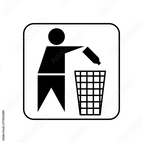 Tidyman vector icon. Packing dispose, waste recycling, trash can symbol. Do not litter sign. Person throwing a bottle into a bin. Keep clean warning, label, badge or sticker isolated.