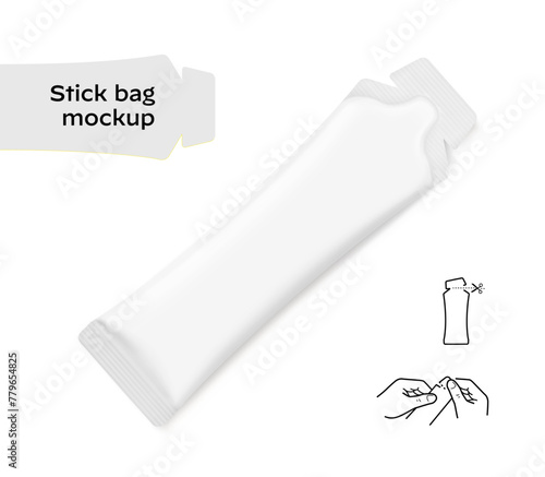 Stick bag mockup. Vector illustration isolated on white background. Front view. Can be use for template your design, presentation, promo, ad. EPS10. photo