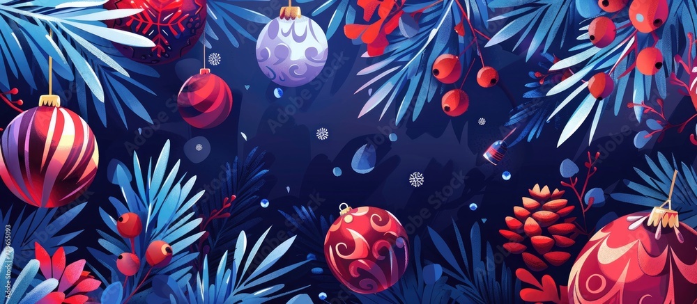 A Christmas background with pine cones, red Christmas ornaments, and decorations on a dark blue backdrop, creating a festive and cozy atmosphere